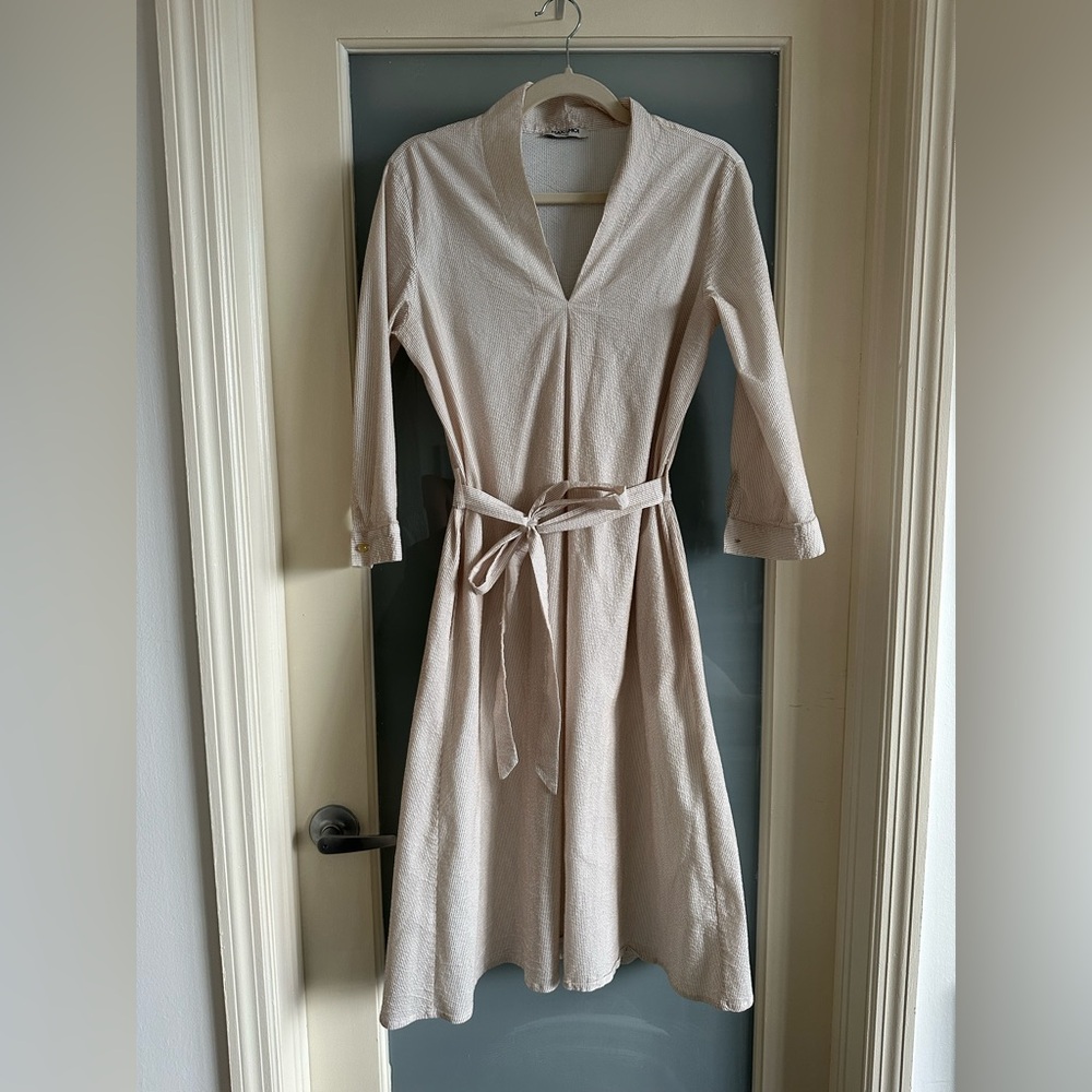 DESIGNER CLEAROUT Elegant Cream Stripe Belted Dress Max & Moi